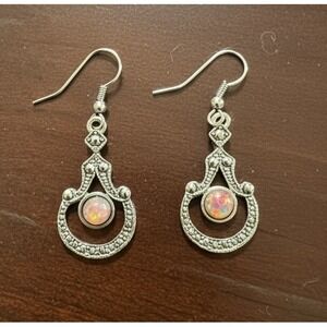 Vintage Bohemian Silver Tone Opal Dangle Earrings Filigree Hook Drop